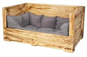 Hundesofa aus Holz mit Kissen geflammter Look