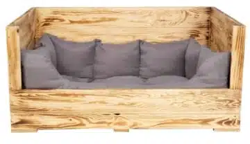 Hundesofa aus Holz mit Kissen geflammter Look